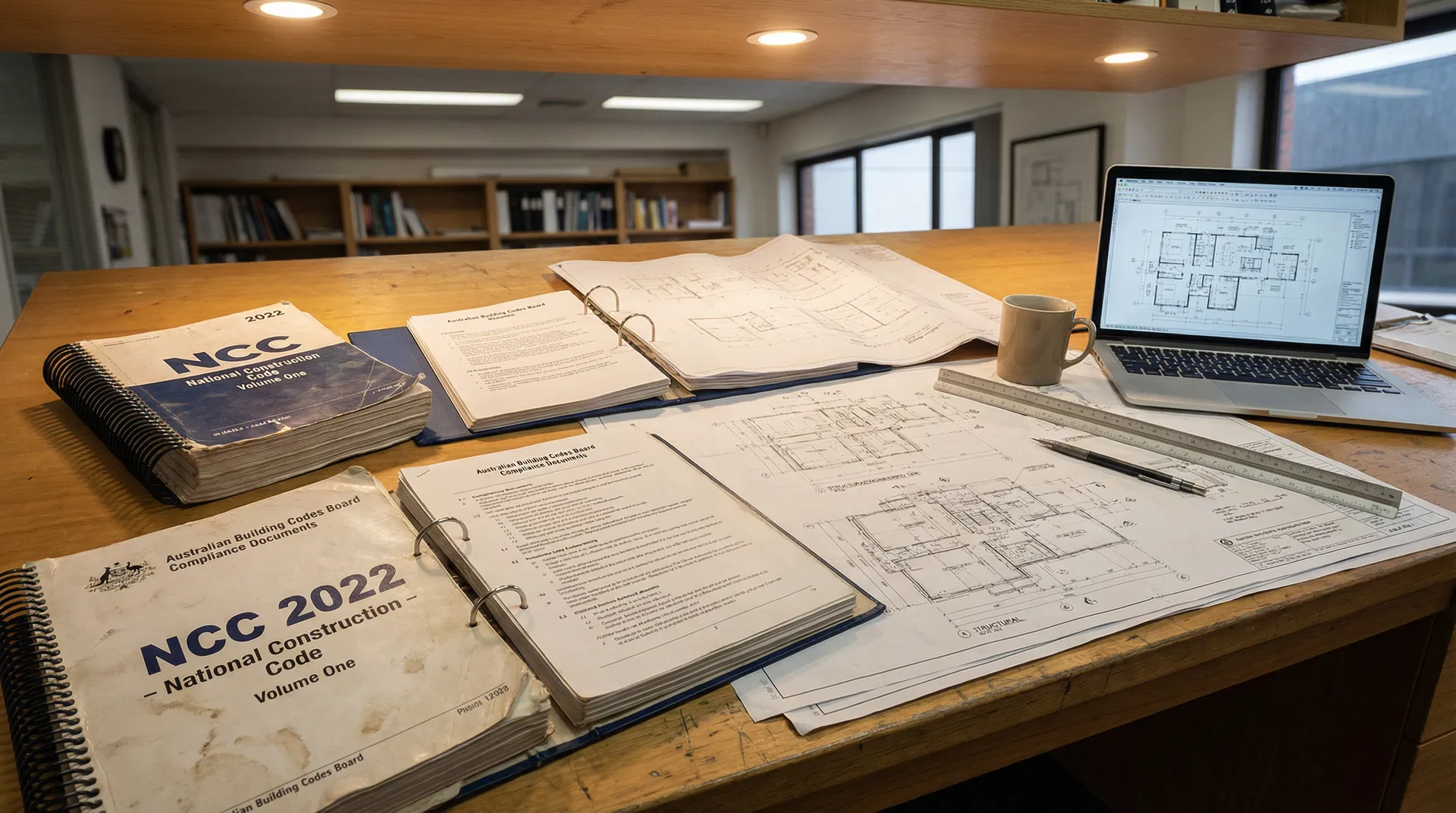 NCC 2022 National Construction Code documents and structural drawings on an architect desk