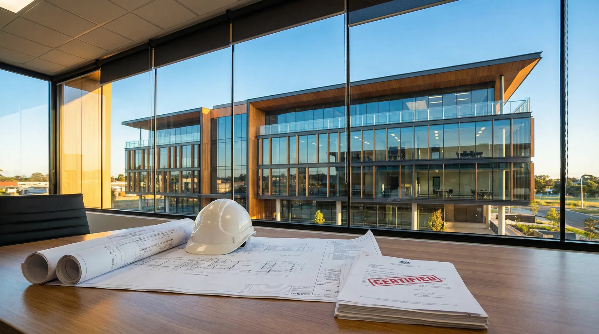 Engineering blueprints and certified compliance documents on a desk overlooking an Australian commercial building