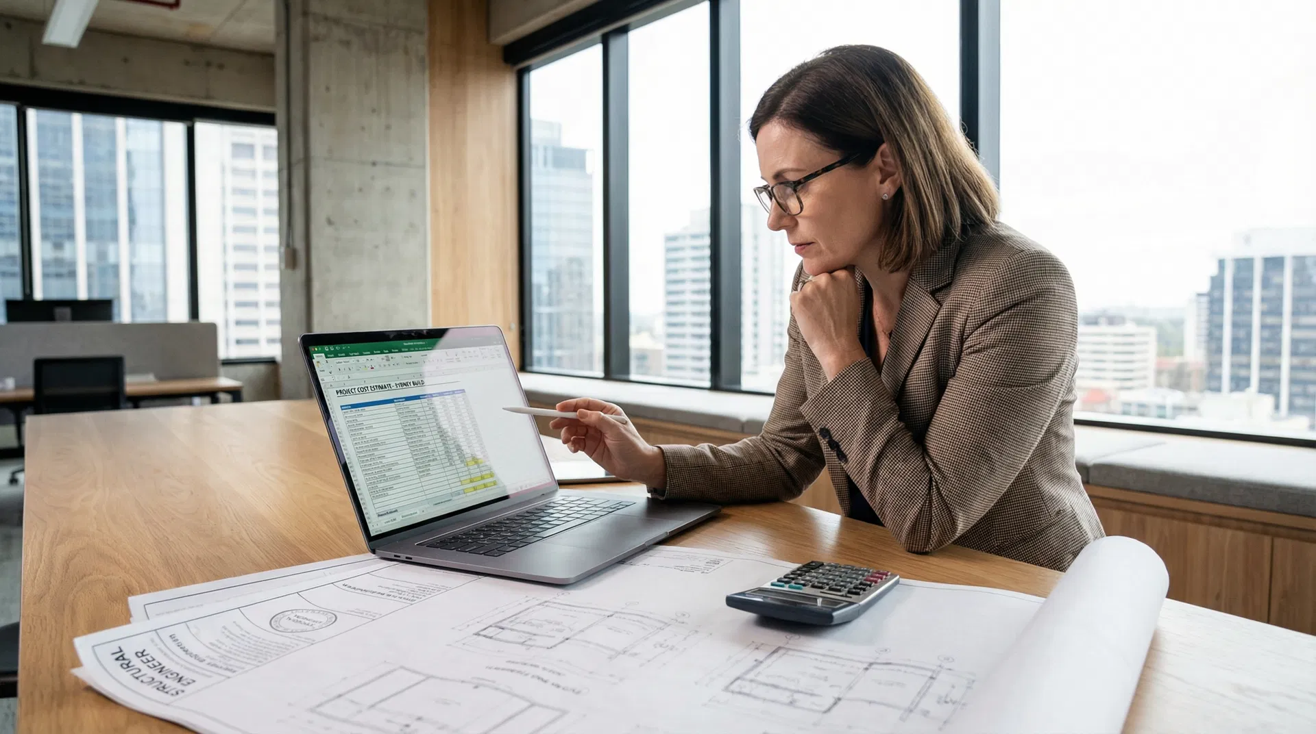 Project manager reviewing seismic compliance cost estimate spreadsheet in a modern Australian office