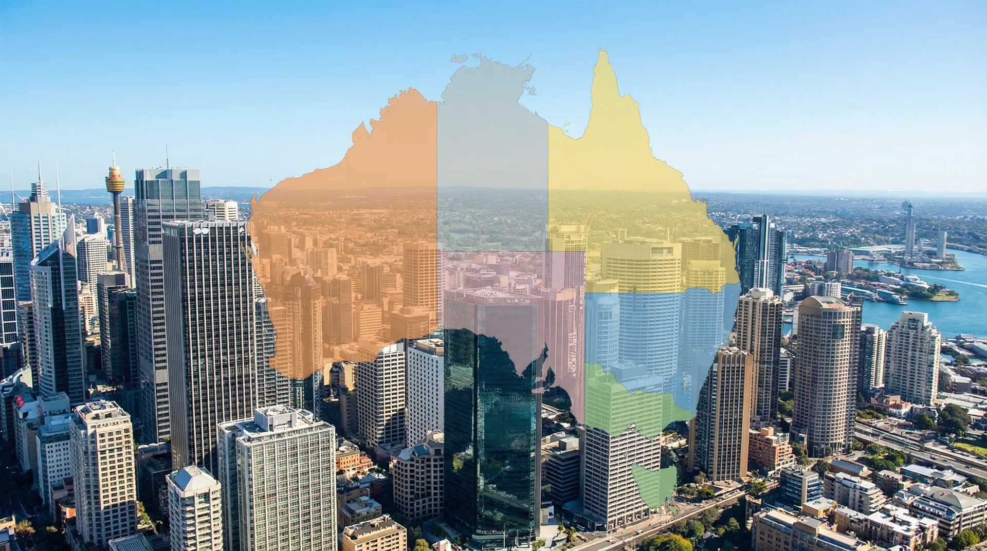 Sydney city skyline with a colour-coded map of Australia overlaid showing different states