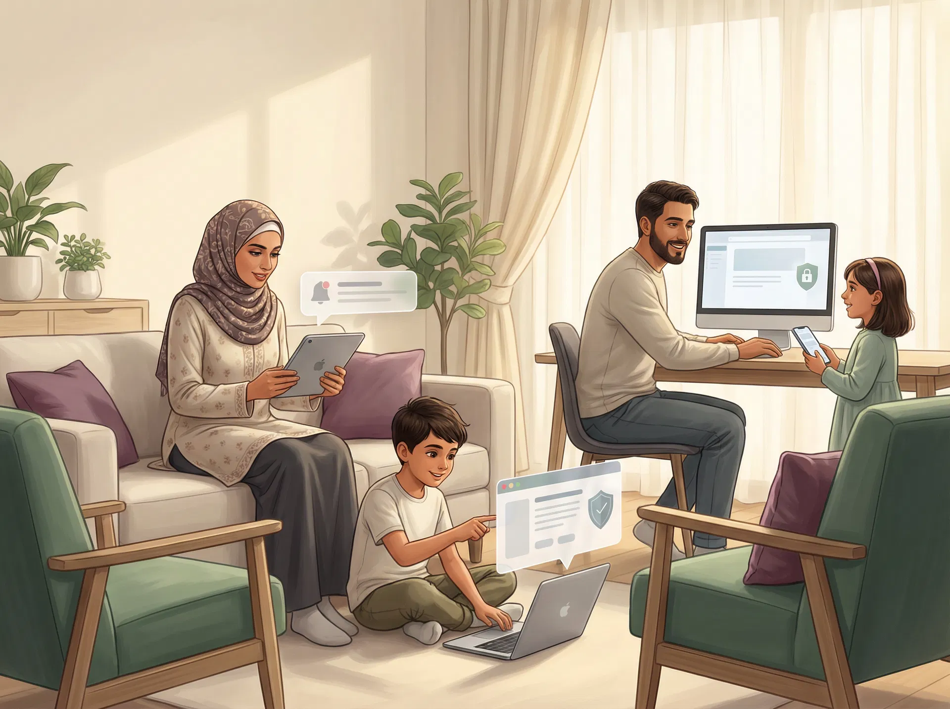 Muslim family using devices safely in a calm home environment