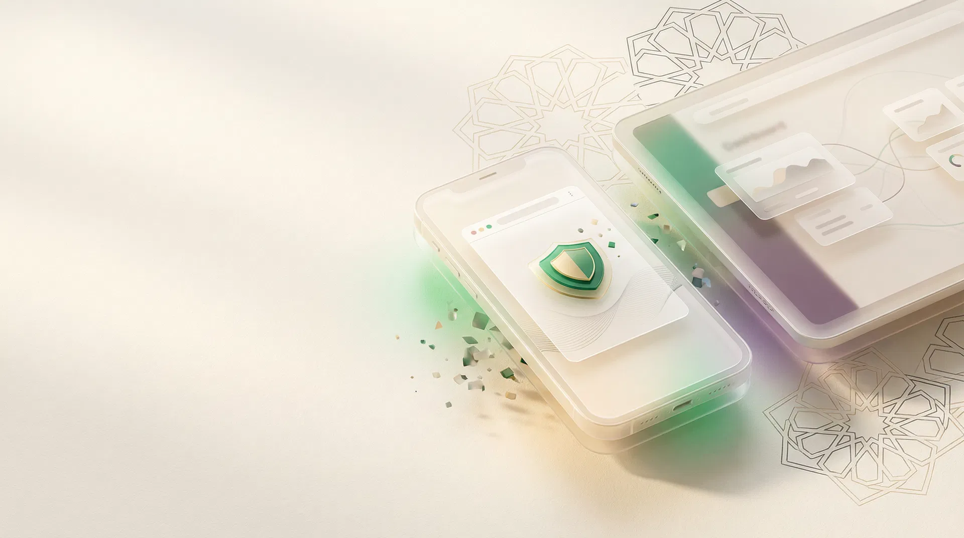 Abstract Kahf Browser privacy illustration with browser cards and geometric motifs