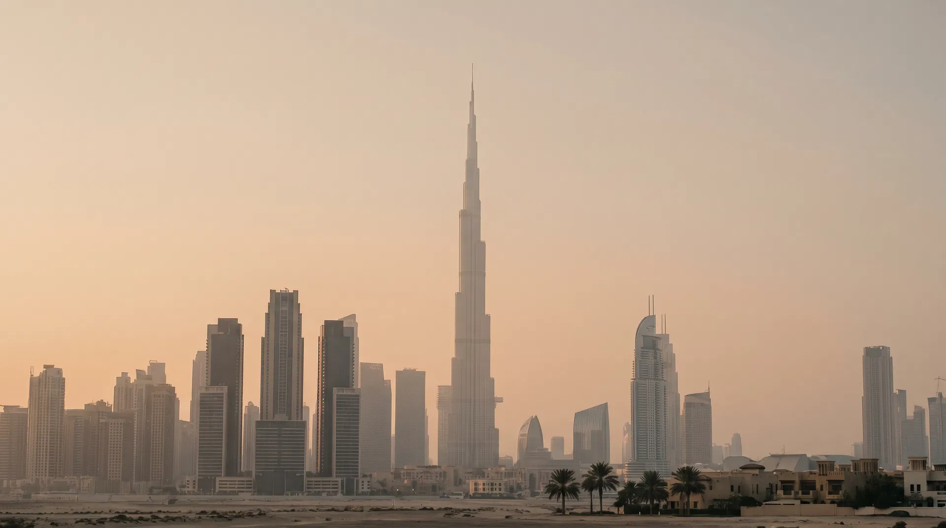 Dubai skyline — Business Bay and Burj Khalifa at golden hour