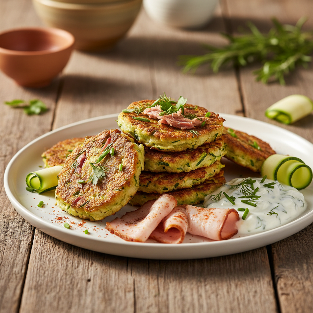 Cuketové placky s uzeným masem a bylinkami (Low Carb)