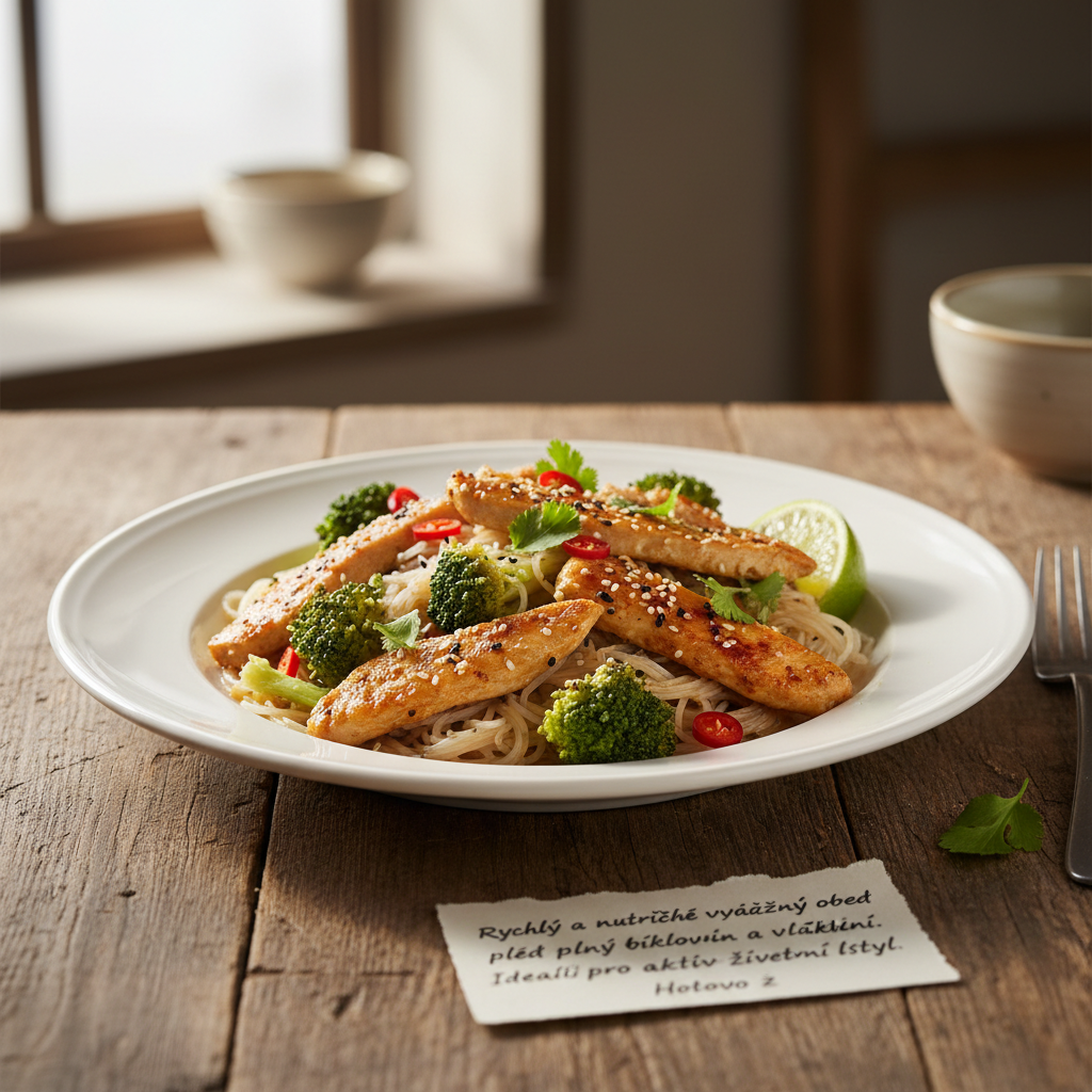 Zdravé kuřecí nudličky s brokolicí a rýžovými nudlemi