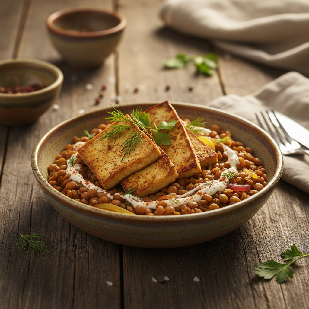 Veganská čočka na kyselo s uzeným tofu a cibulí