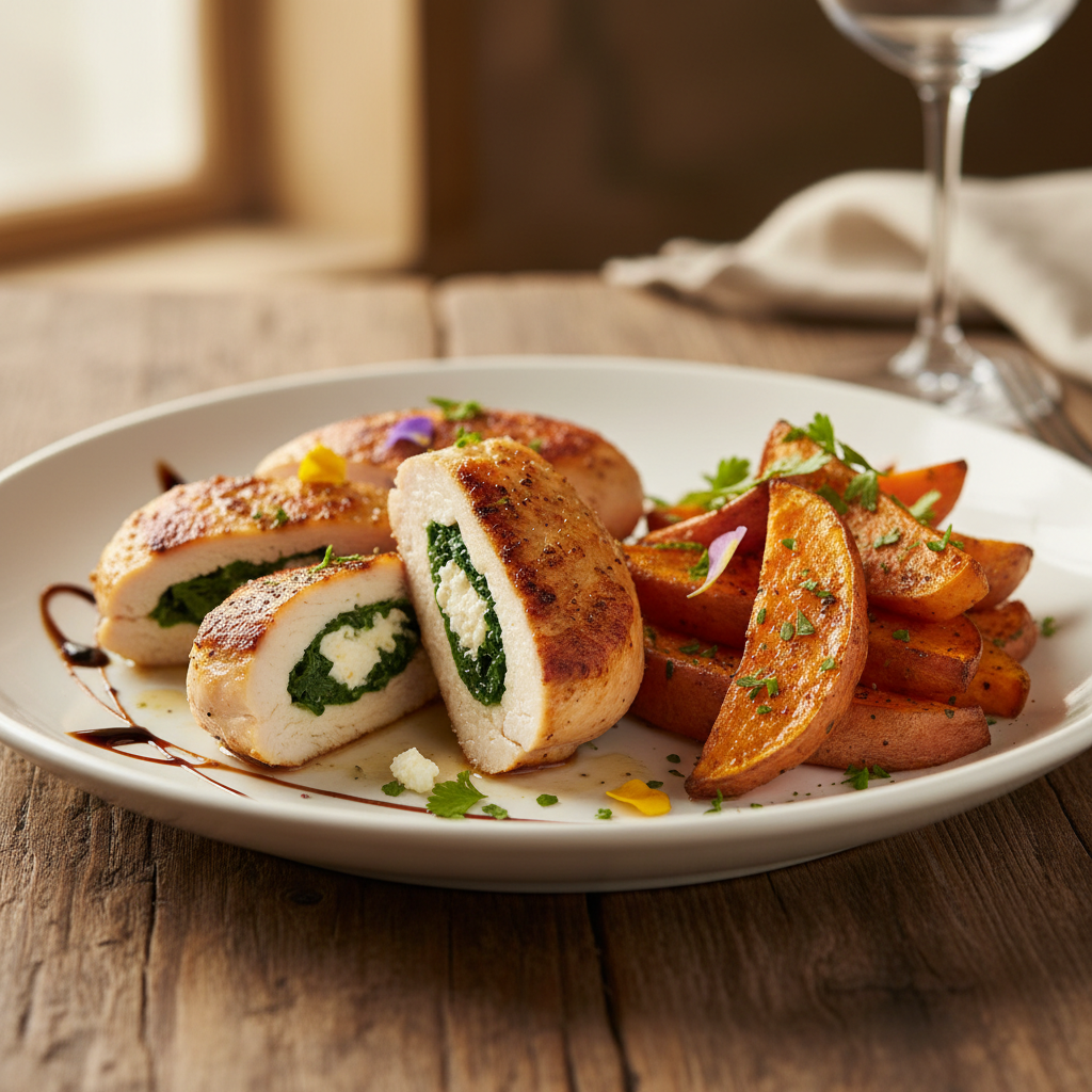 Kuřecí prsa plněná špenátem a fetou s pečenými batáty