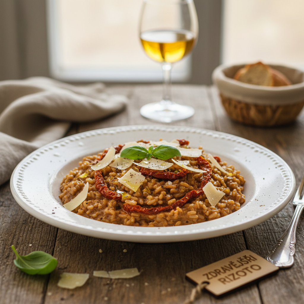 Rizoto s hnědou rýží, sušenými rajčaty a parmazánem