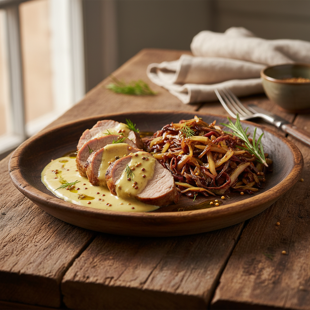 Keto vepřová panenka v hořčičné omáčce s dušeným zelím