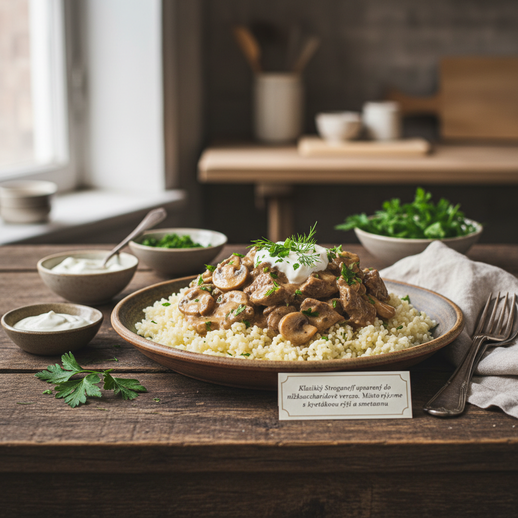 Hovězí Stroganoff s Květákovou Rýží (Low Carb)