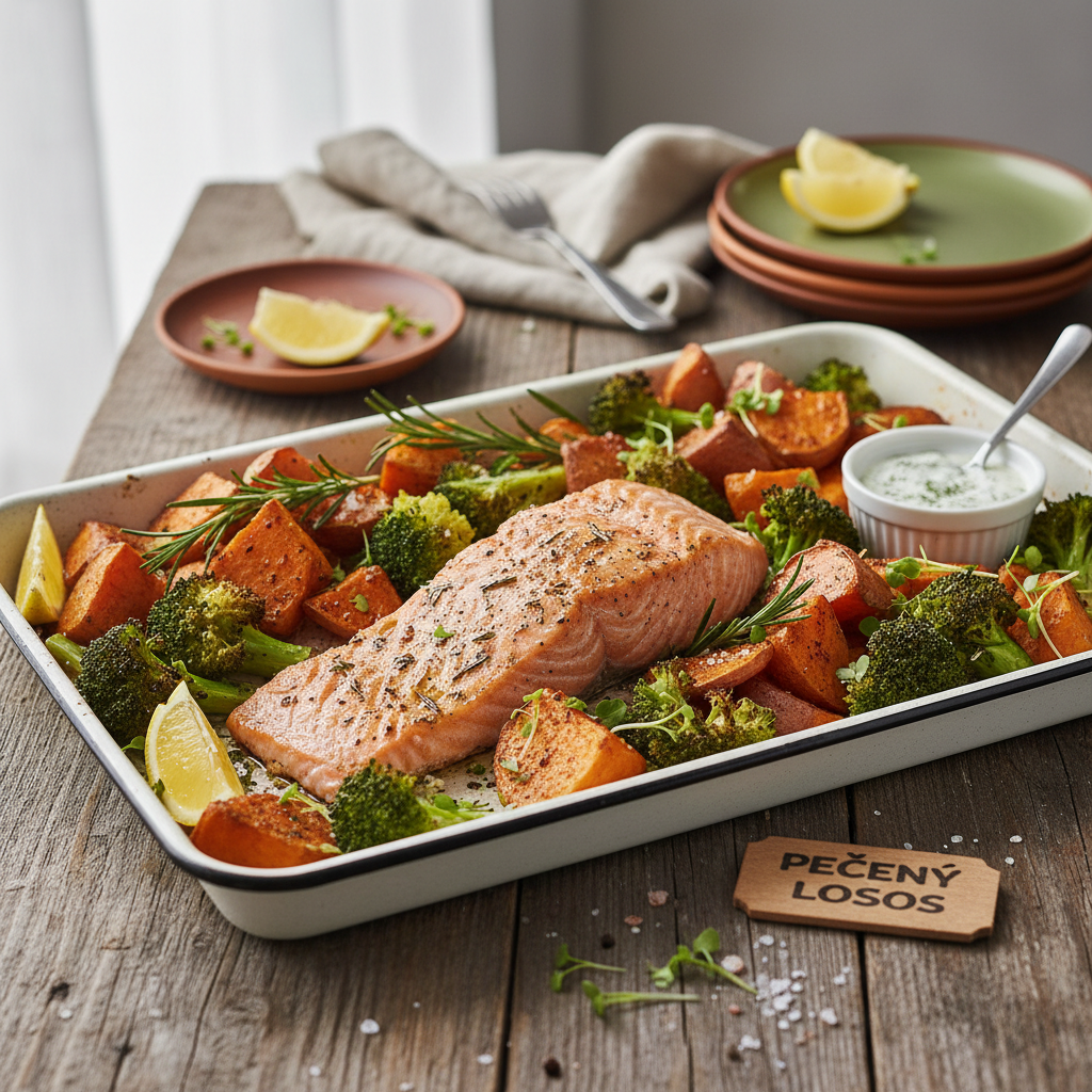 Pečený Losos s Batáty a Brokolicí na Plechu