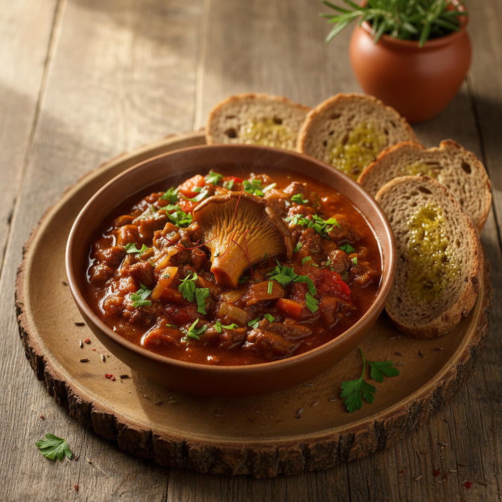 Veganský Guláš z Hlívy Ústřičné s Žitným Chlebem