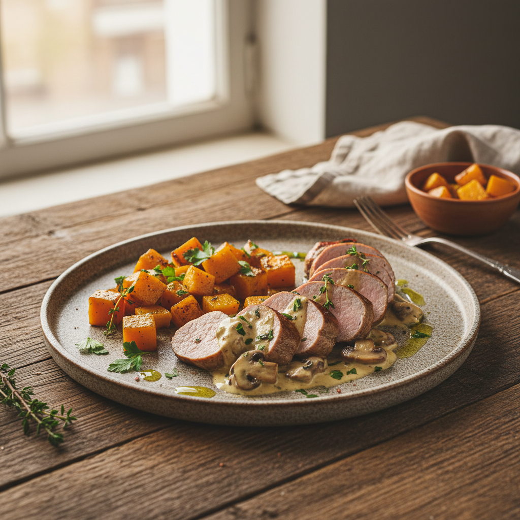 Keto Vepřová Panenka s Houbovou Omáčkou a Pečenou Dýní