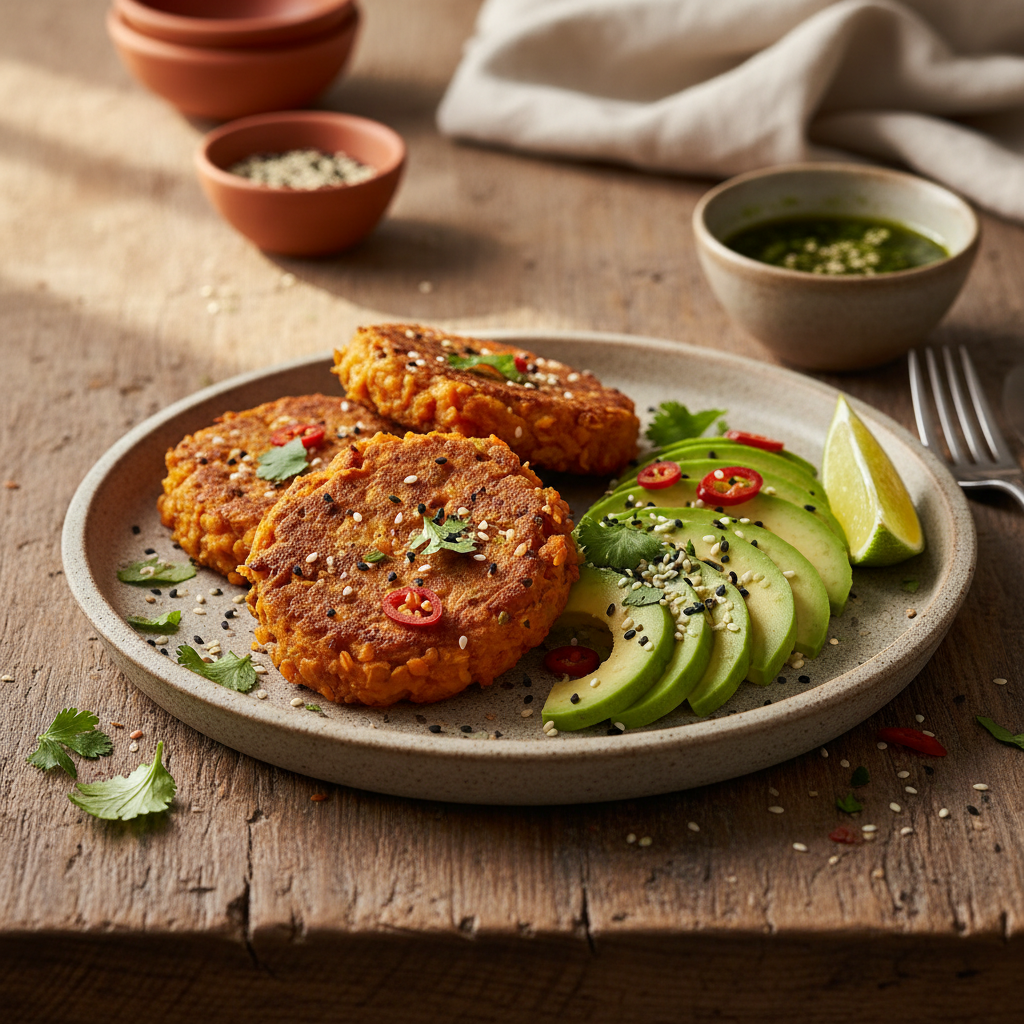 Bezlepkové placky z batátů a čočky s avokádem