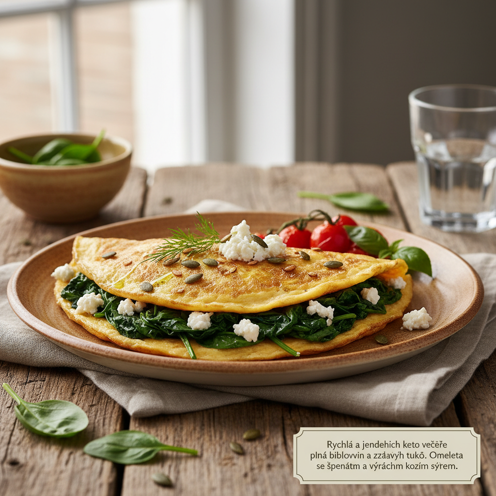 Keto omeleta se špenátem a kozím sýrem