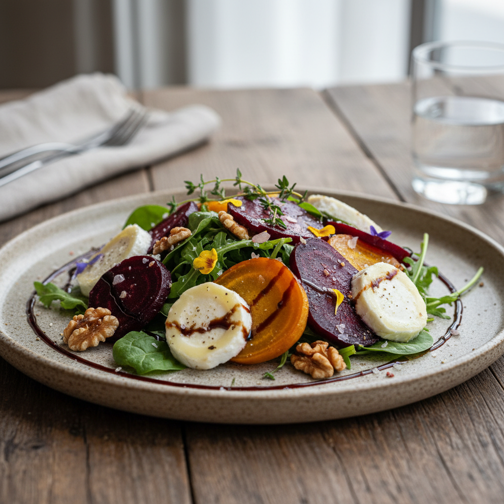 Salát z pečené řepy, kozího sýra a vlašských ořechů