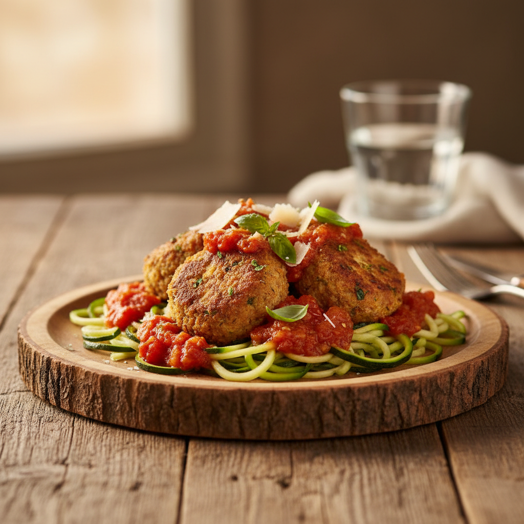 Nízkosacharidové masové kuličky s rajčatovou omáčkou a cuketovými špagetami