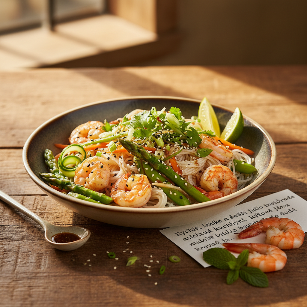 Rýžové nudle s krevetami a jarní zeleninou – Asijská inspirace