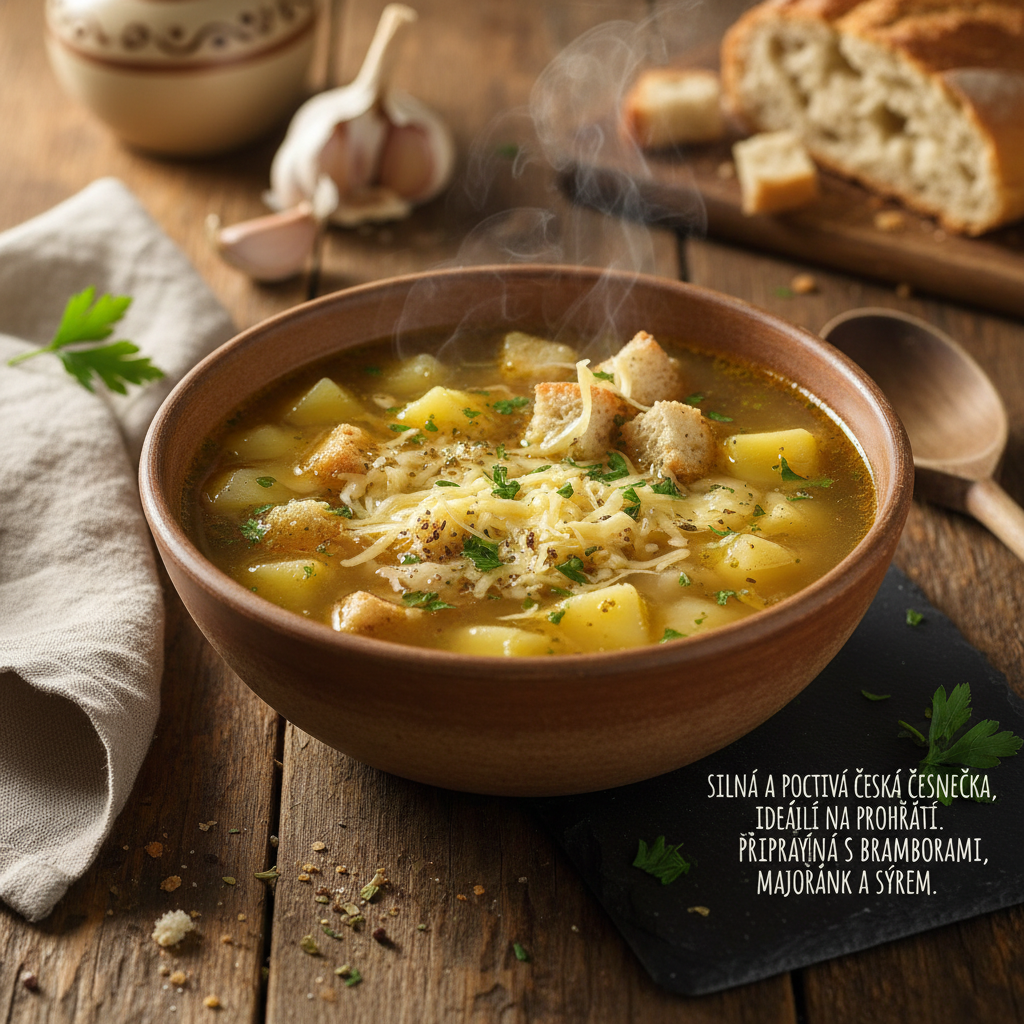 Tradiční česká česnečka s bramborami a sýrem