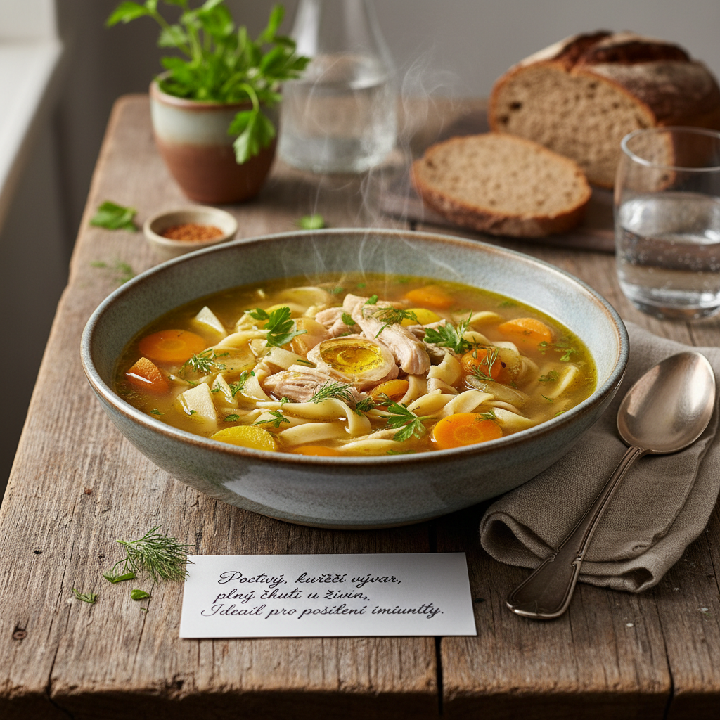 Silný kuřecí vývar s kořenovou zeleninou a nudlemi