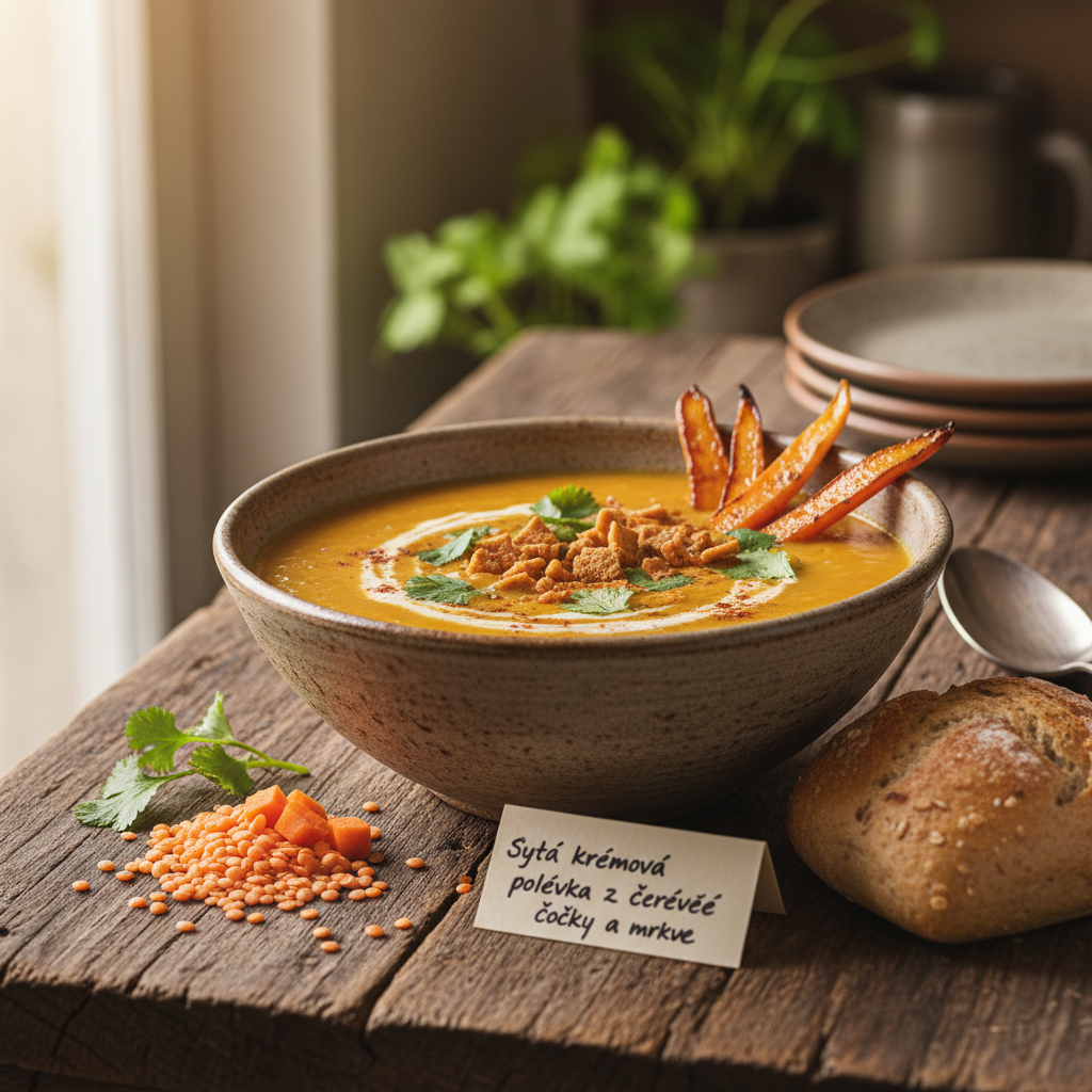 Sytá krémová polévka z červené čočky a mrkve