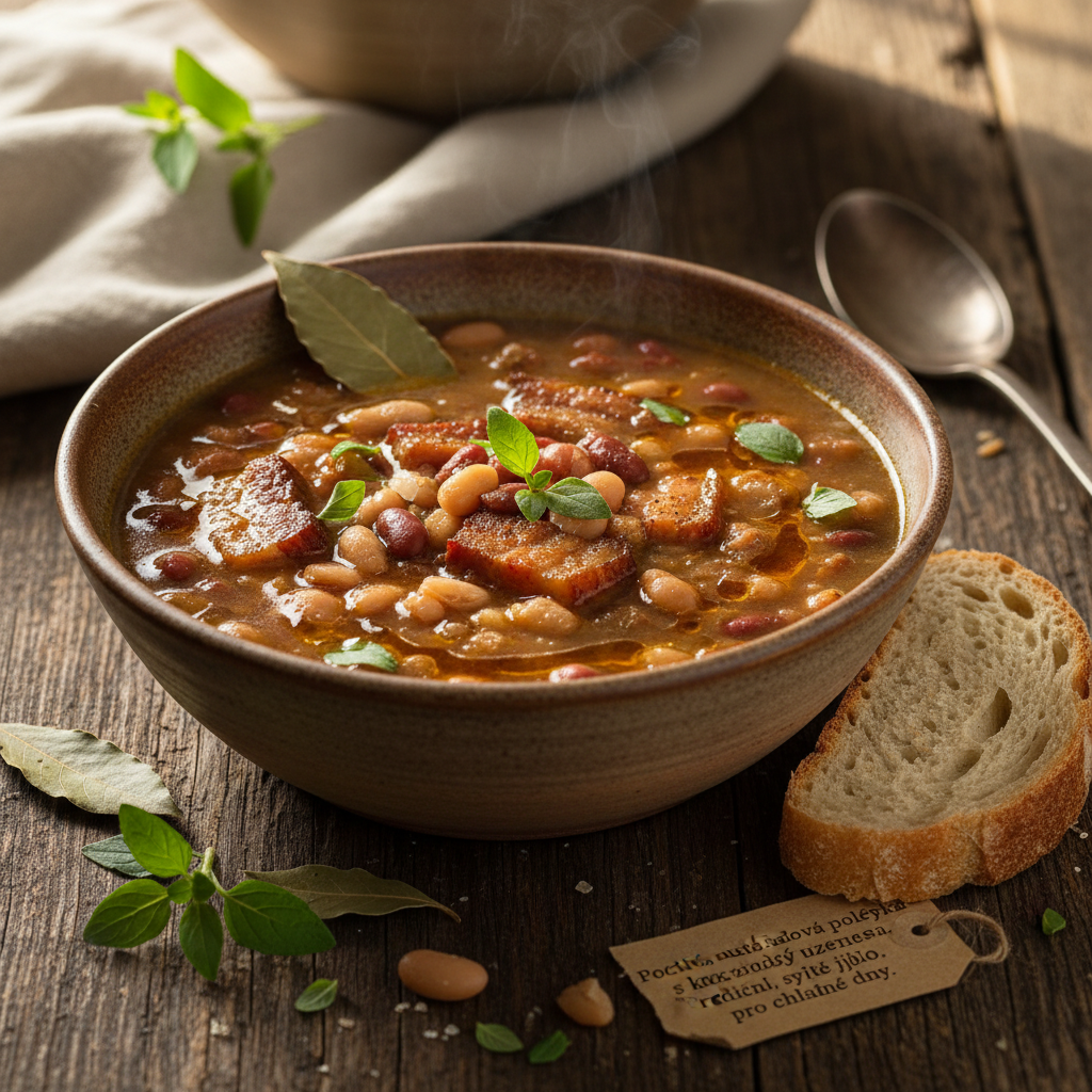 Rustikální fazolová polévka s uzeným masem a majoránkou