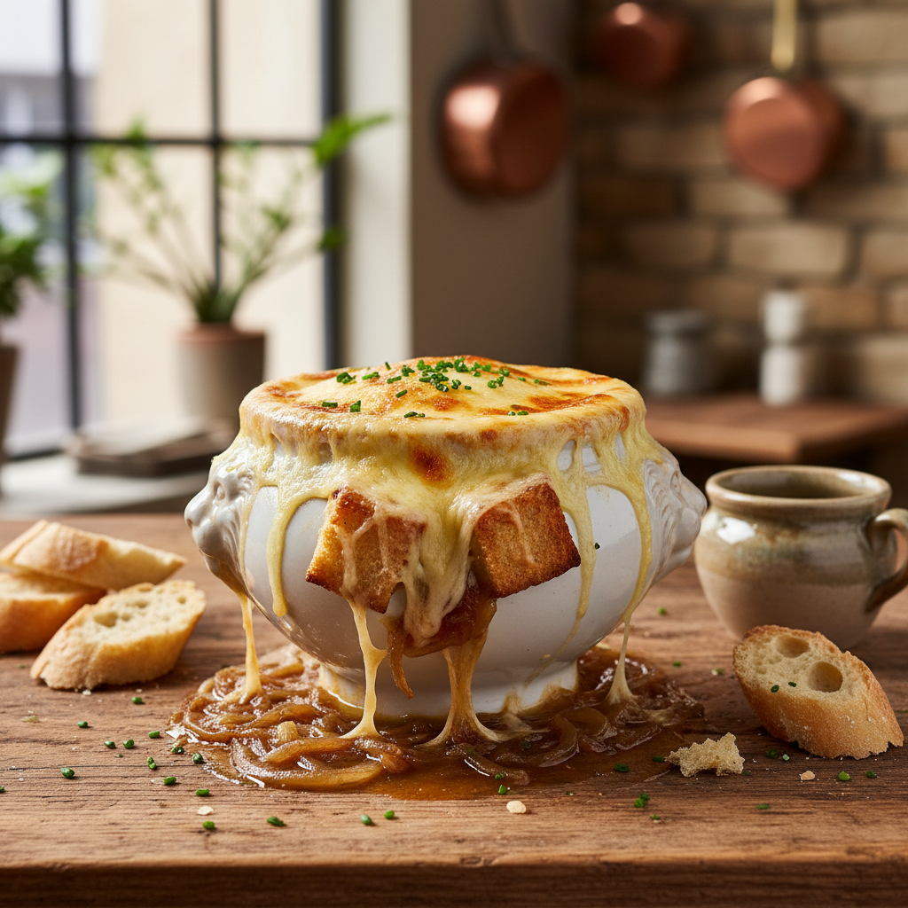 Francouzská cibulová polévka s krutony a sýrem Gruyère