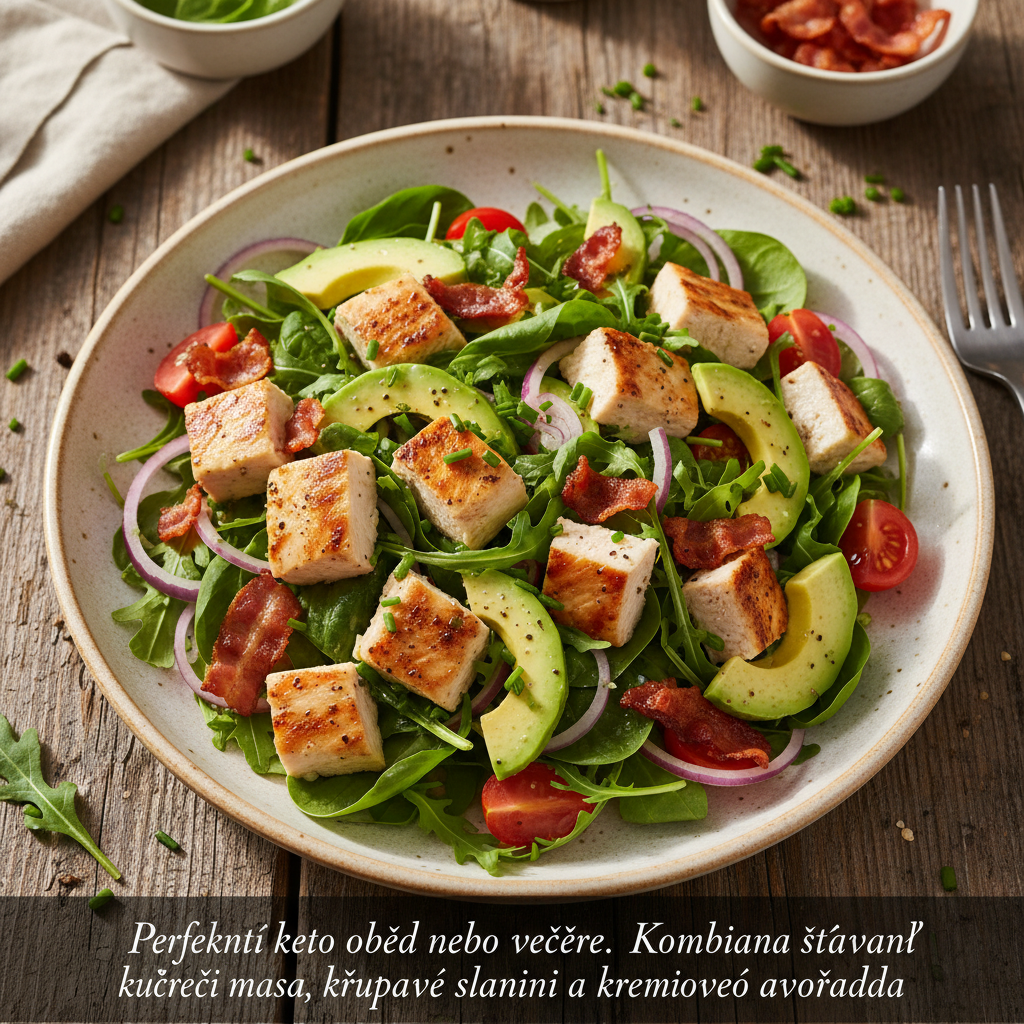 Keto Kuřecí Salát s Avokádem a Slaninou