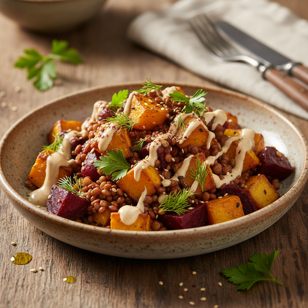 Veganský Čočkový Salát s Pečenou Zeleninou a Tahini Dresinkem