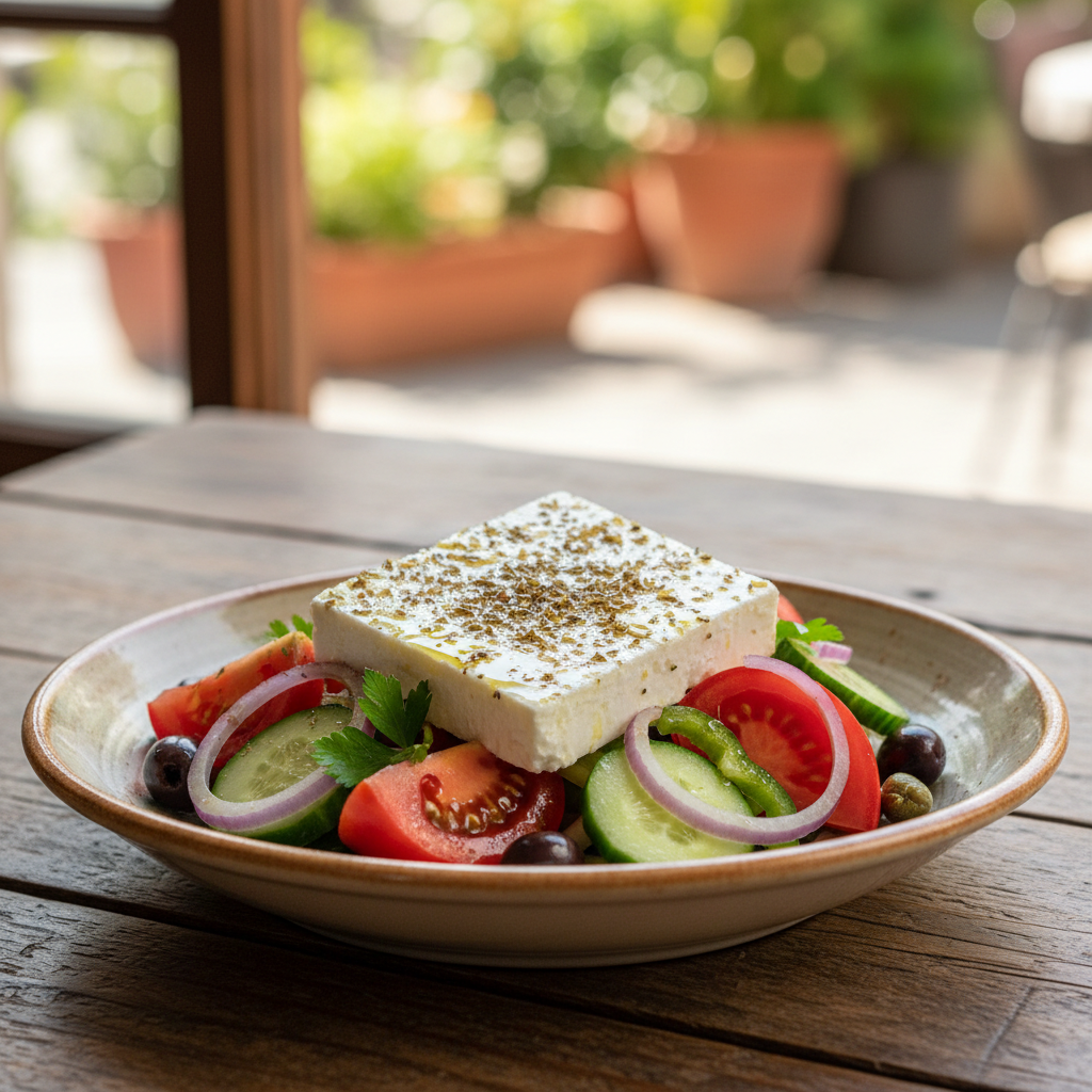 Řecký Salát s Feta Sýrem a Oreganem