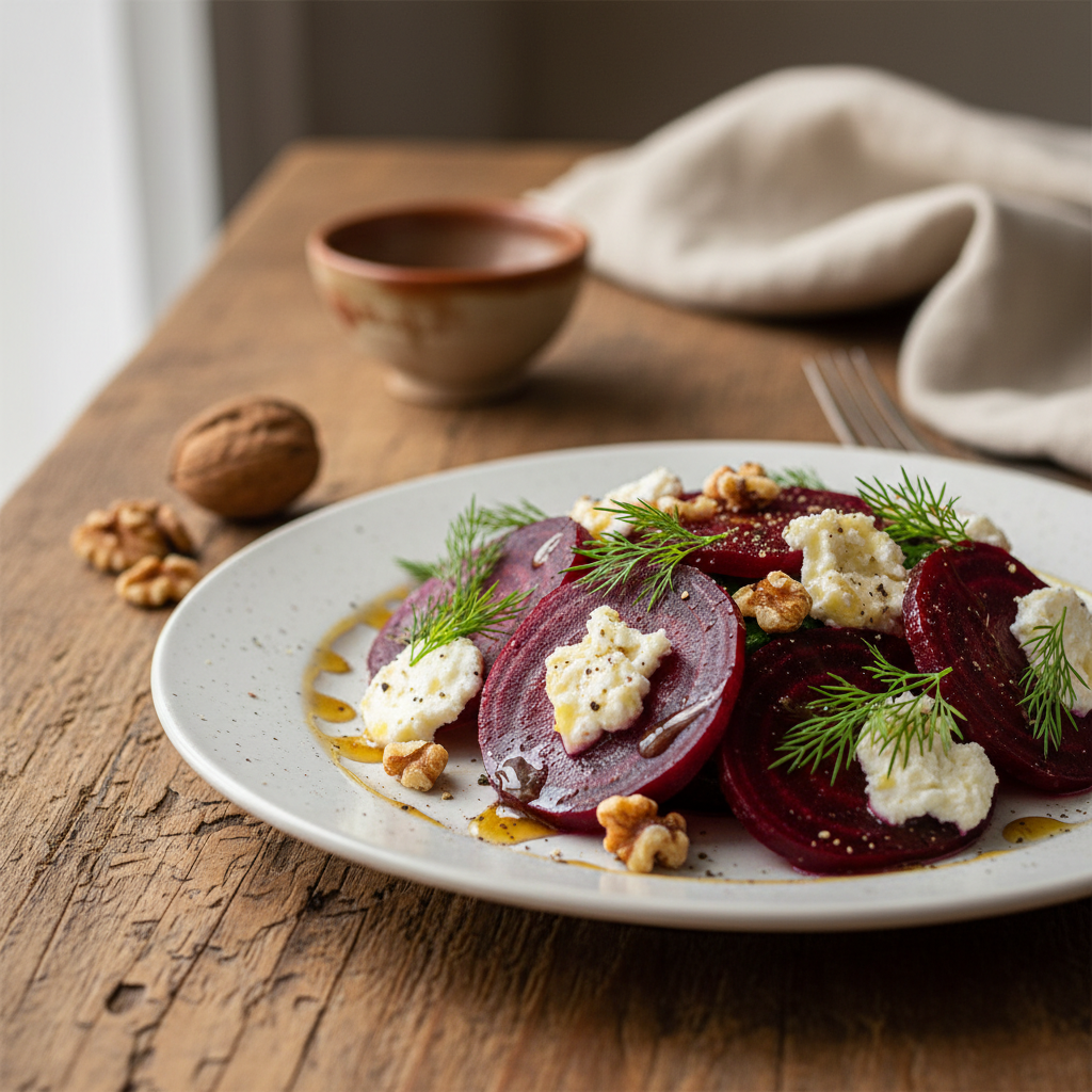Salát z Červené Řepy s Kozím Sýrem a Vlašskými Ořechy