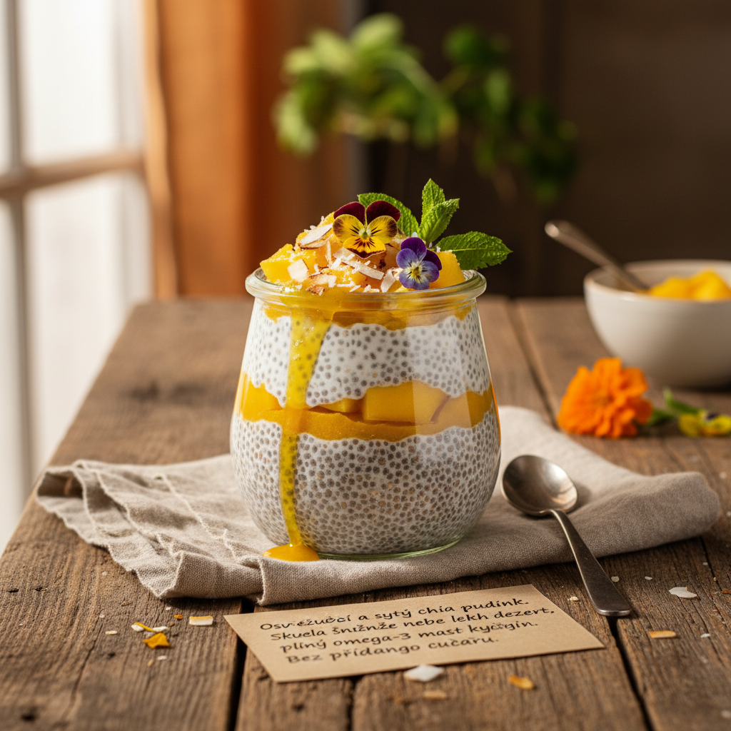 Vegan chia pudink s kokosovým mlékem a mangem