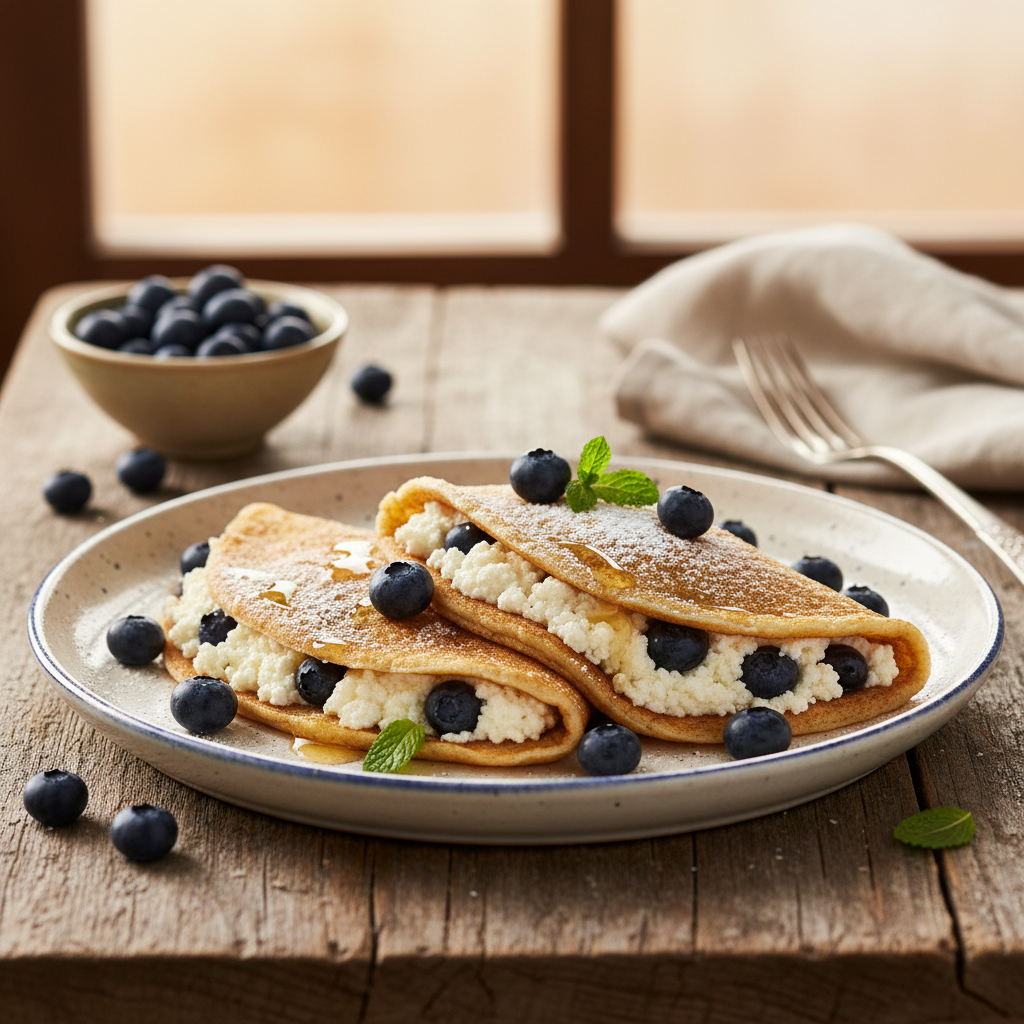 Celozrnné palačinky s tvarohem a borůvkami