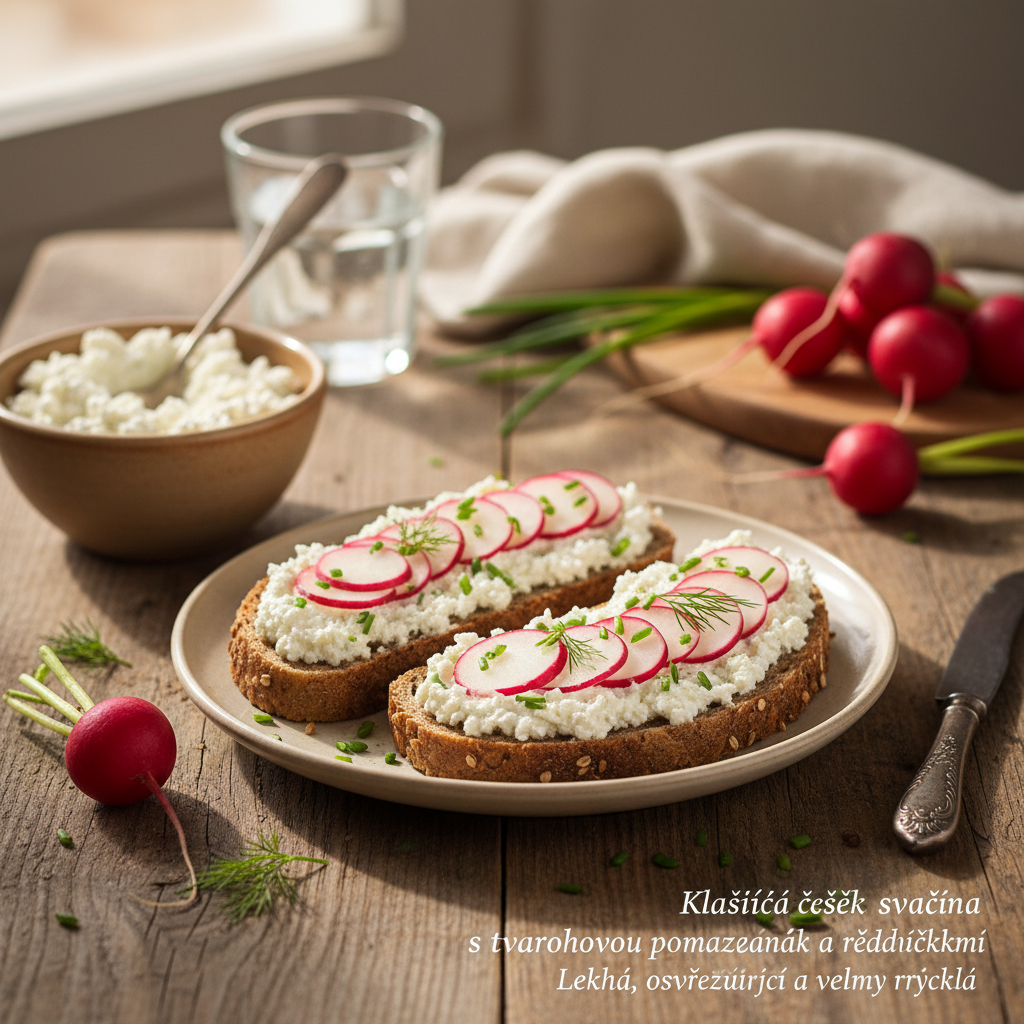 Celozrnný chléb s tvarohovou pomazánkou a ředkvičkami