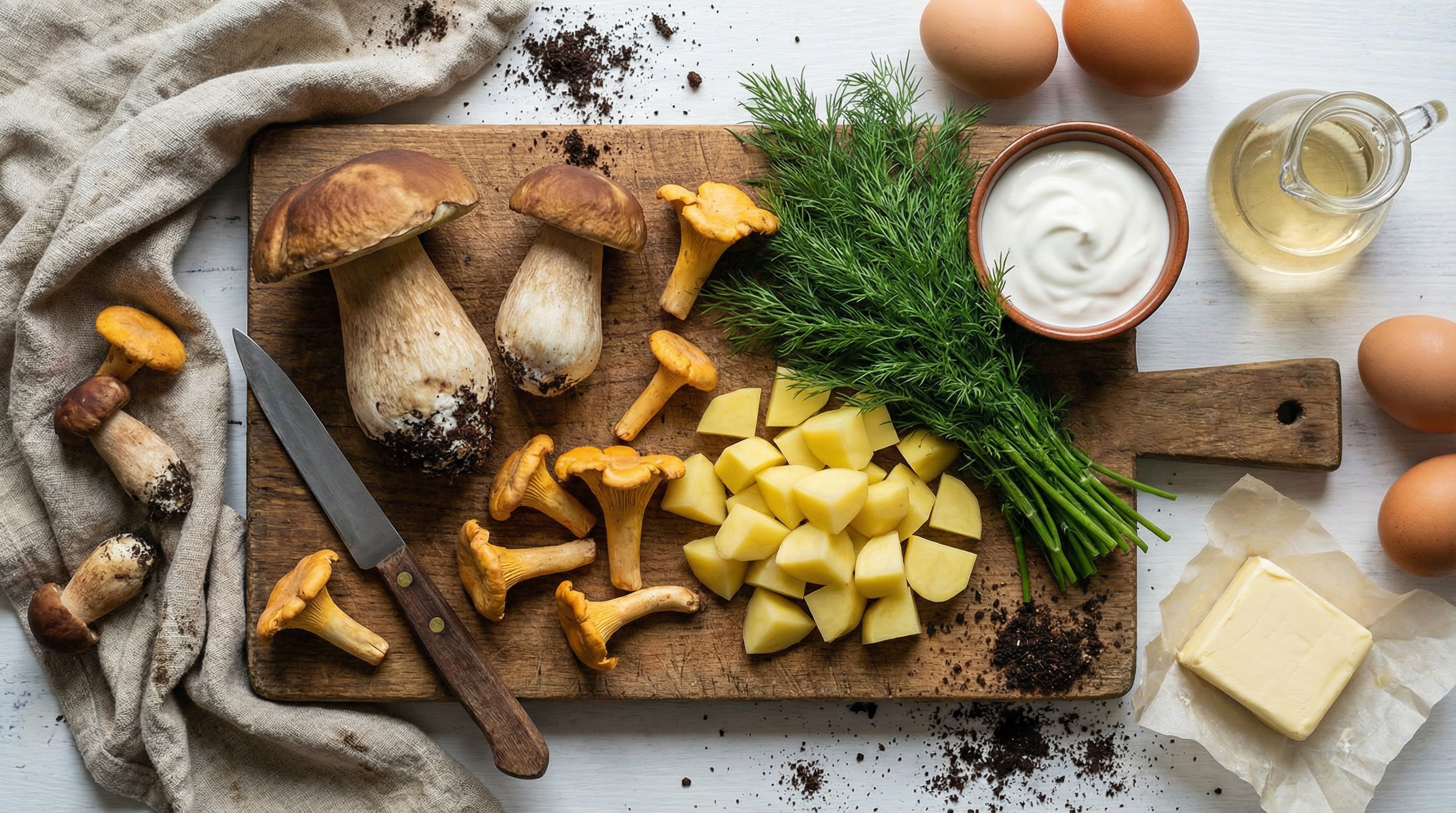 Ingredience na kulajdu - houby, brambory, kopr, smetana