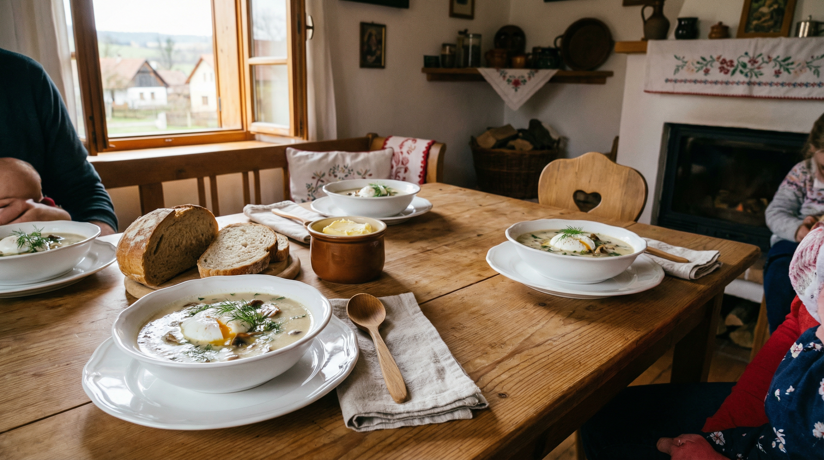 Servírovaná kulajda s chlebem na rodinném stole