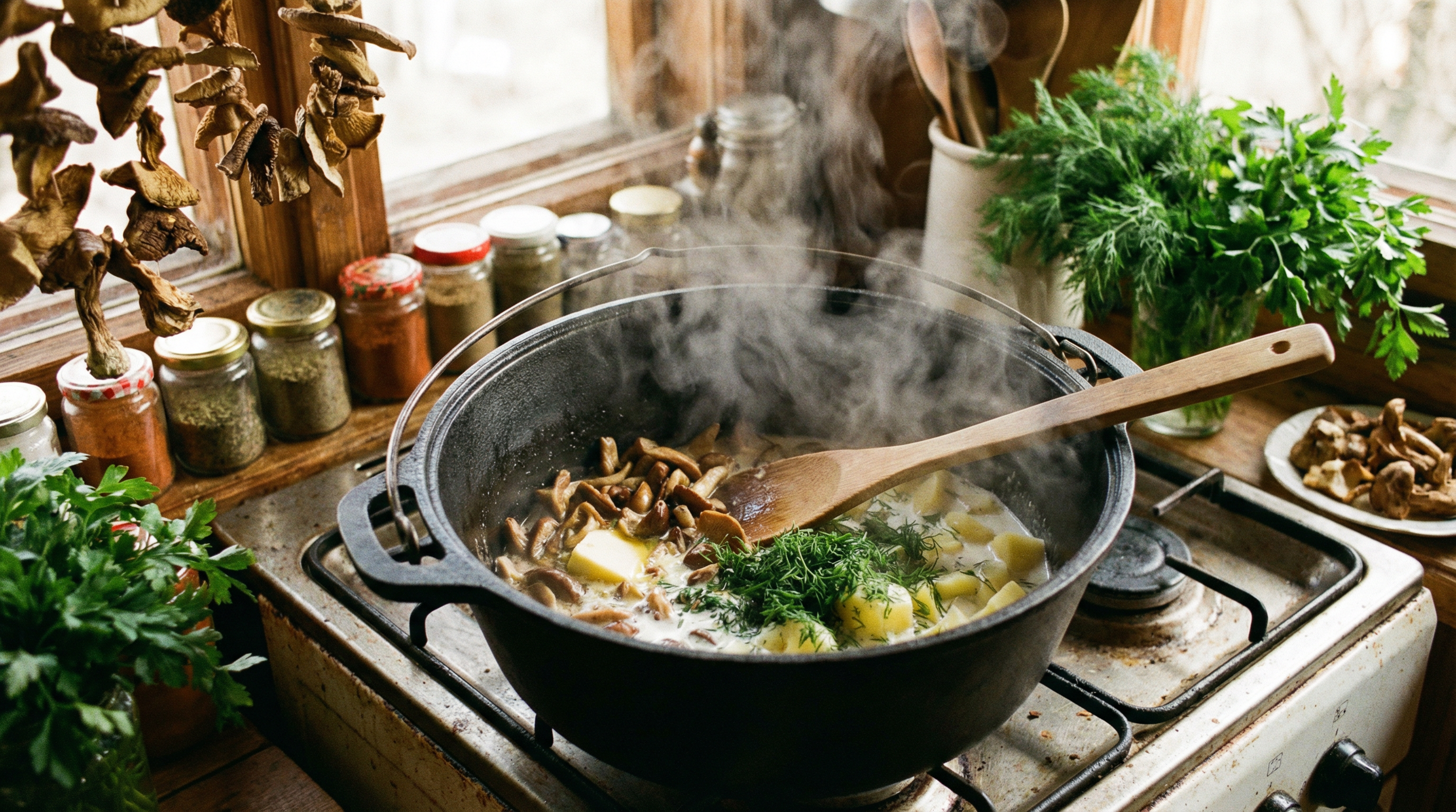 Vaření kulajdy v hrnci s houbami a bramborami