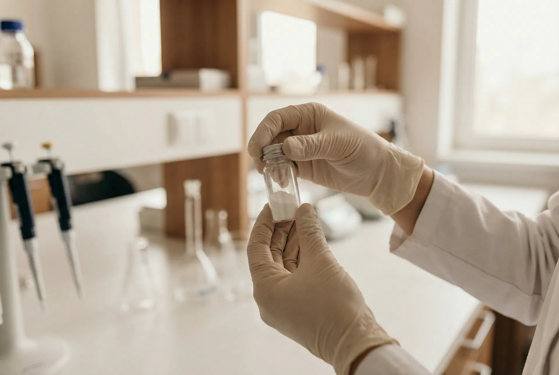Researcher examining a vial of SR-17018 compound