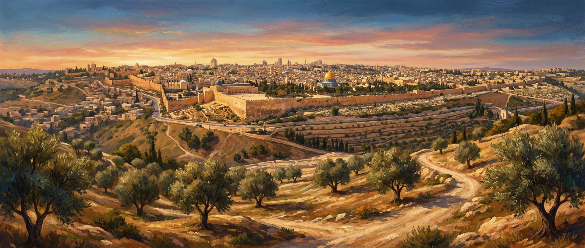 Panoramic view of ancient Jerusalem at golden hour — the setting of Holy Week, the Passion of Jesus Christ