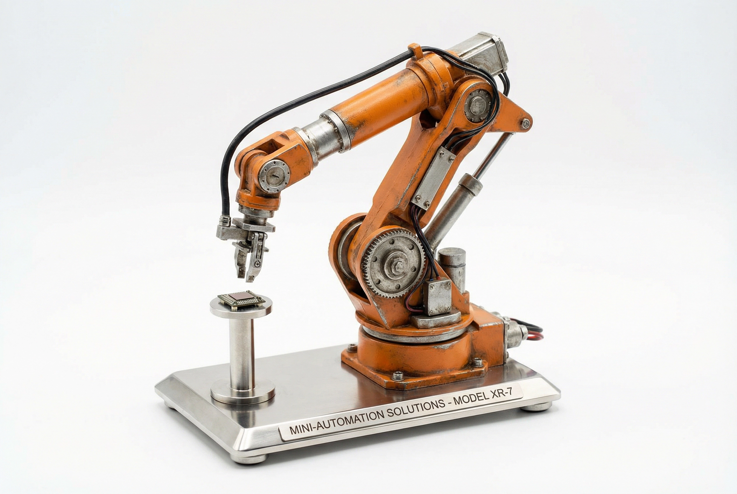 自社製造の産業用ロボットをミニチュア化して展示会に出展