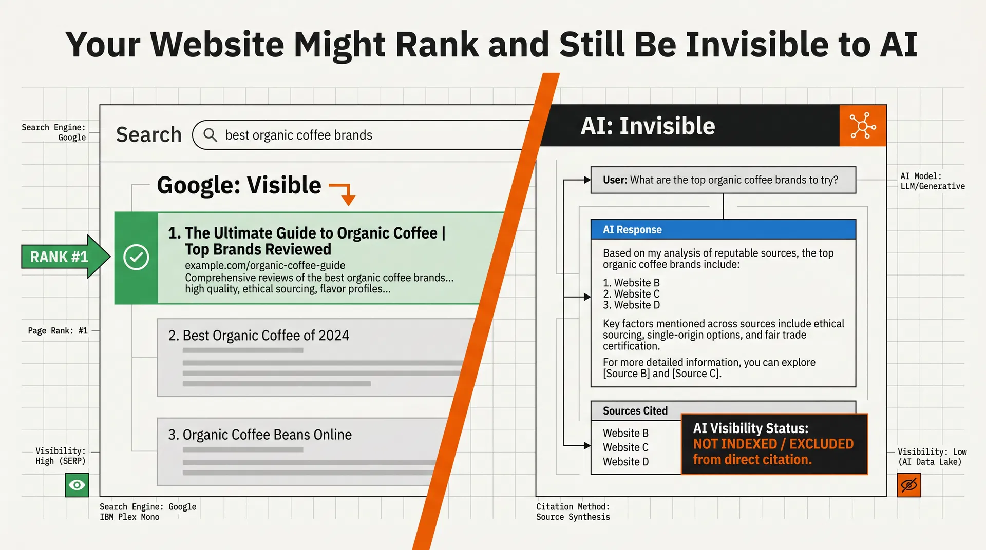 Diagram showing the gap between Google rankings and AI citation visibility — a page ranking number one but receiving zero AI citations