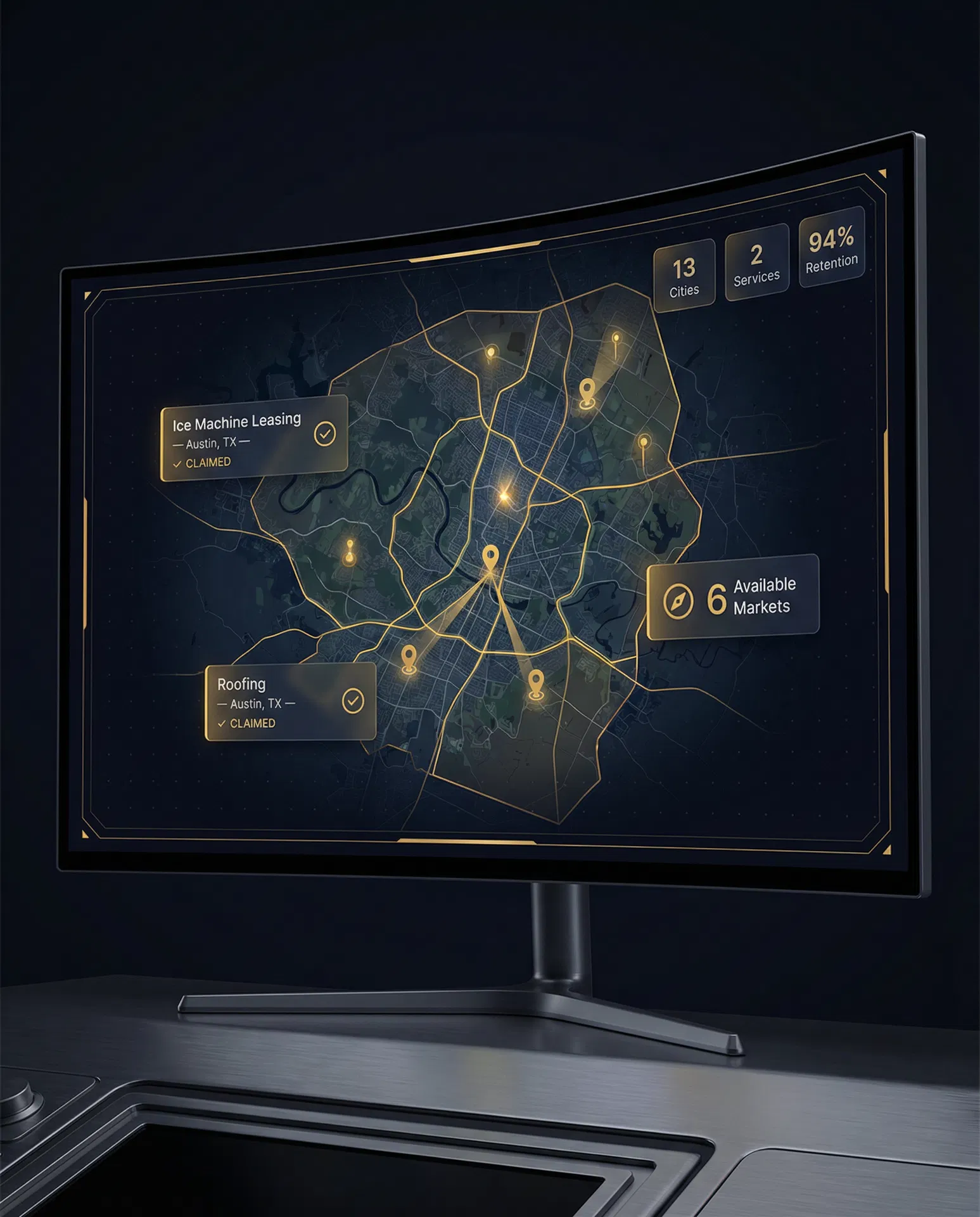 TerritoryOS territory command dashboard showing claimed markets in Austin, TX