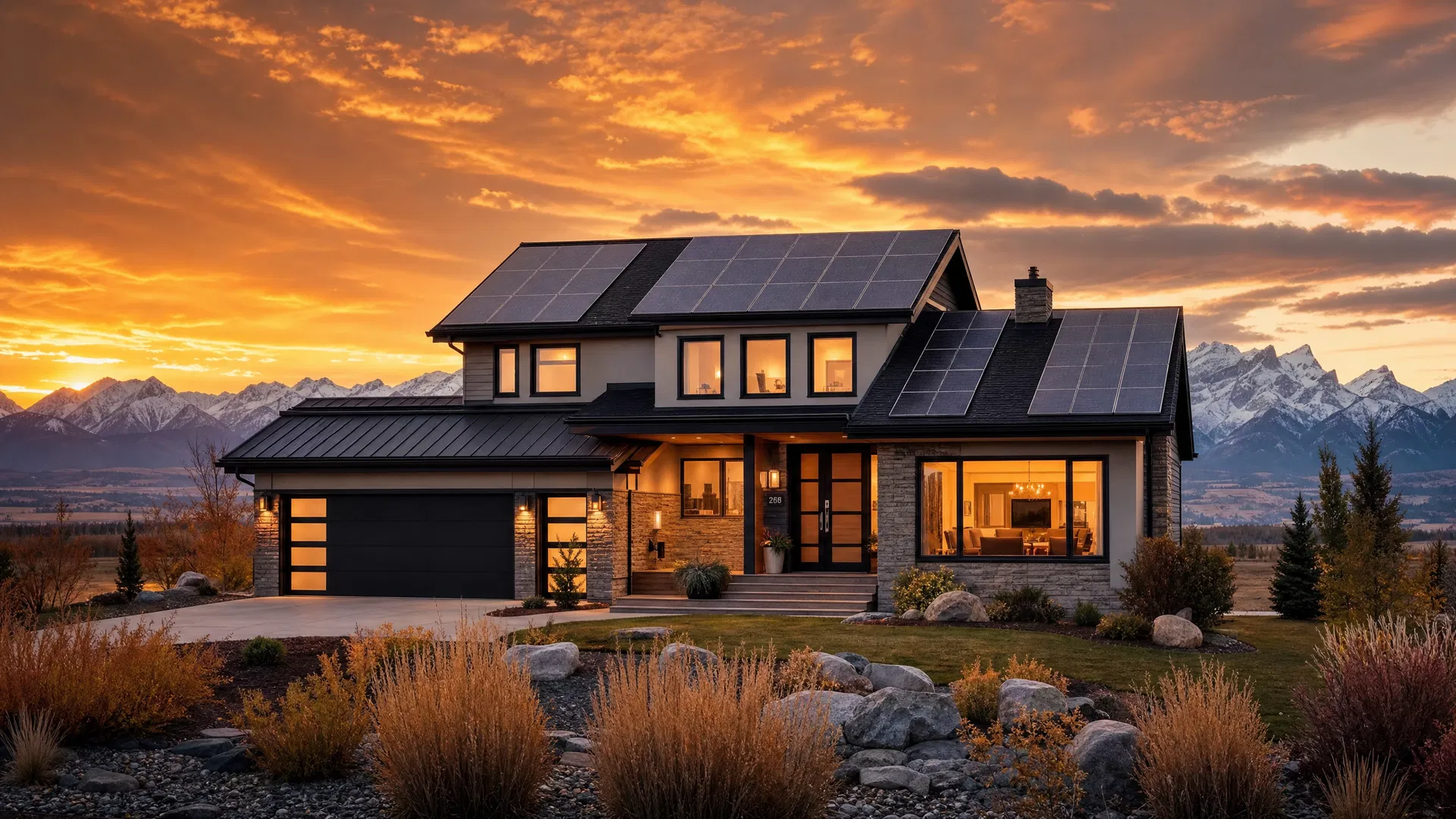 Alberta home with solar panels at sunset