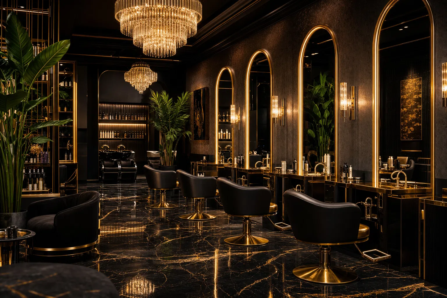 Luxury salon interior at Salon 574 & Spa in Warsaw, Indiana with gold accents and professional styling stations