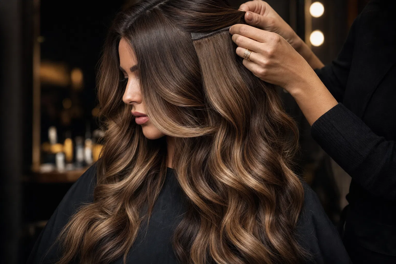 Luxurious hair extensions being applied at Salon 574 & Spa in Warsaw, Indiana