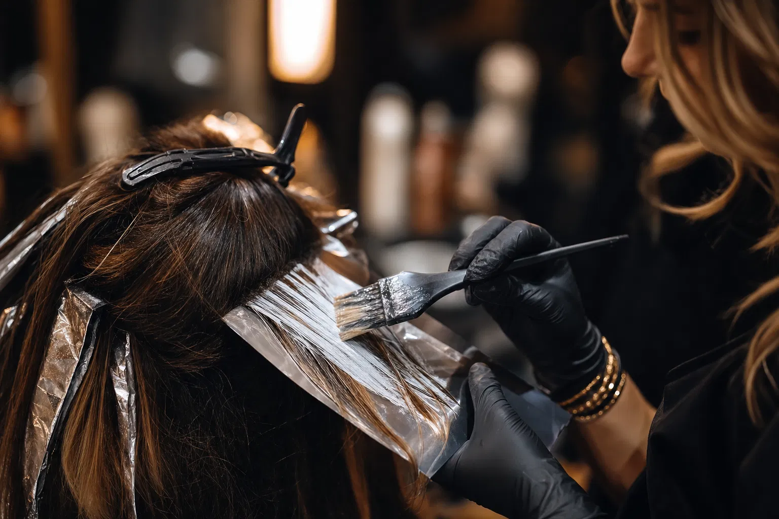 Professional hair colorist applying balayage at Salon 574 & Spa in Warsaw, Indiana
