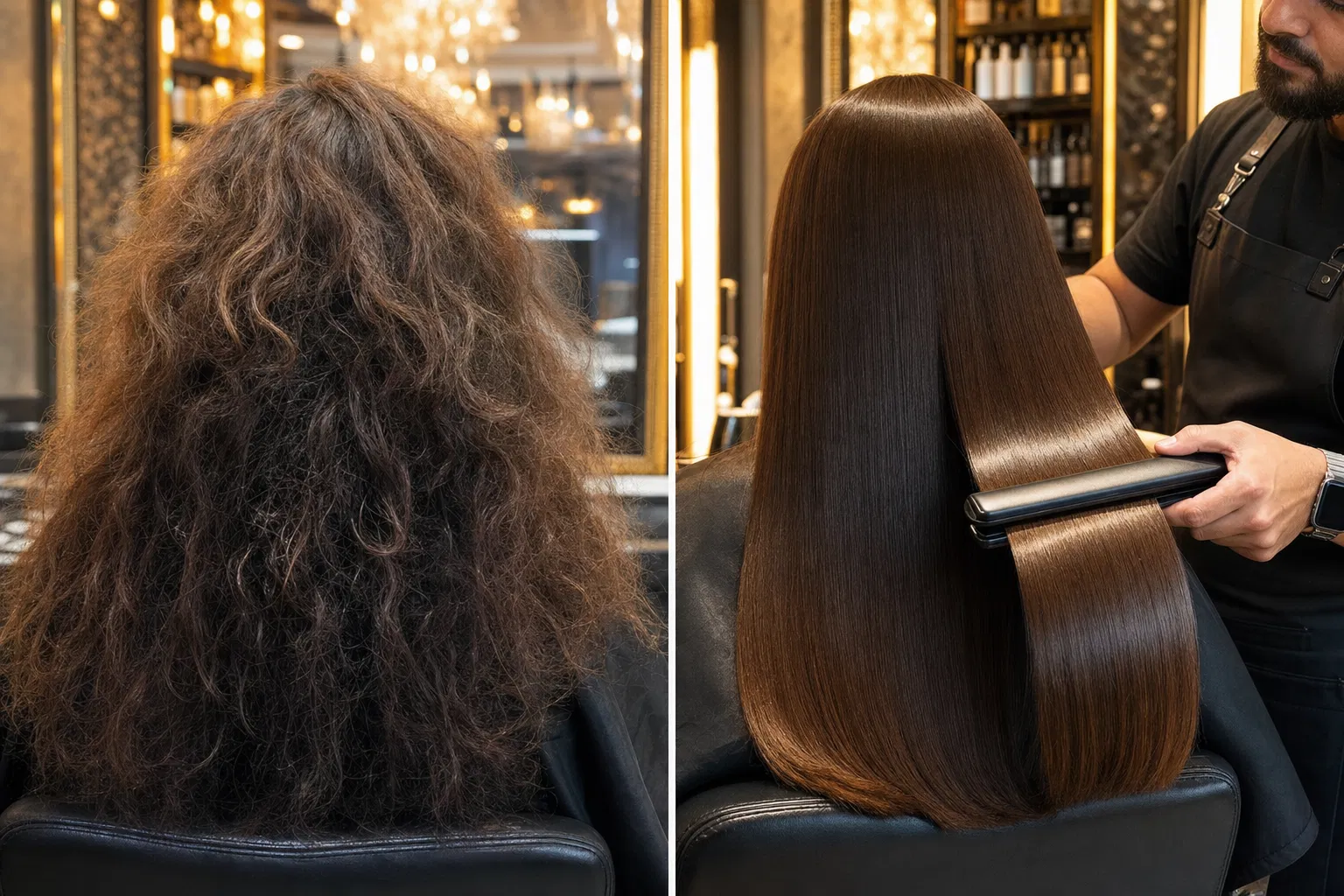 Before and after keratin treatment results showing smooth, shiny hair at Salon 574 & Spa