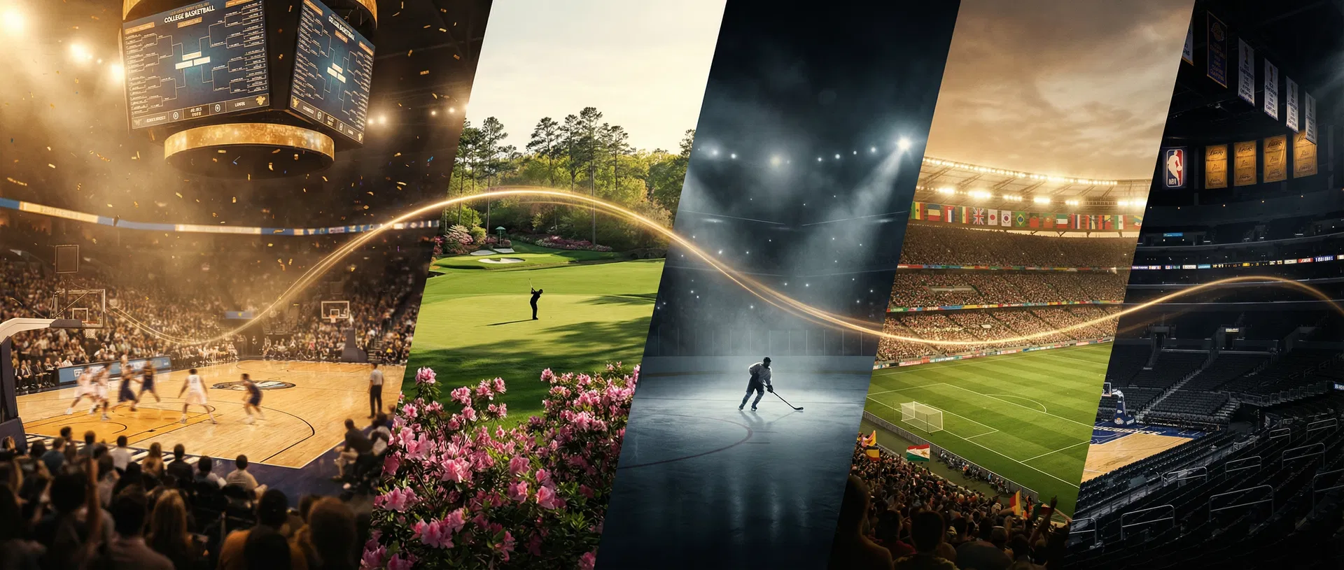Cinematic montage of basketball, soccer, golf, hockey, and football stadiums