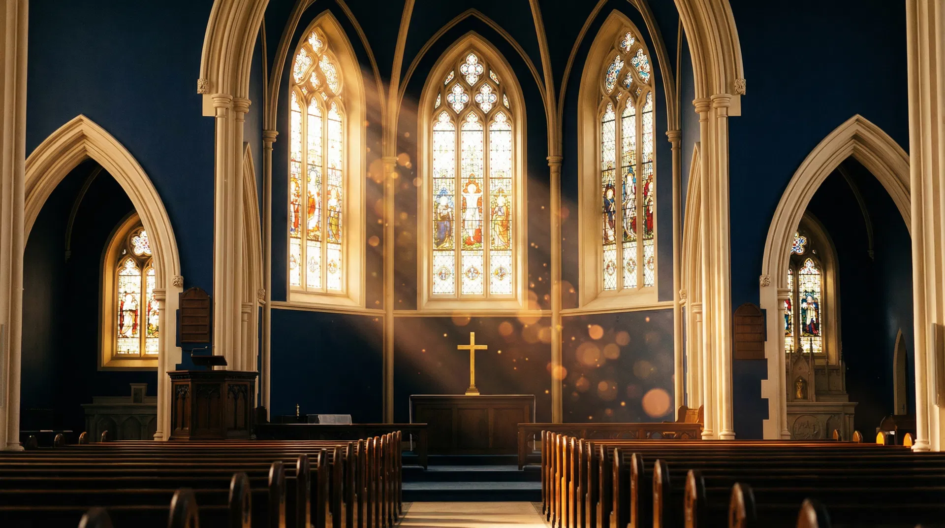Church interior with golden light