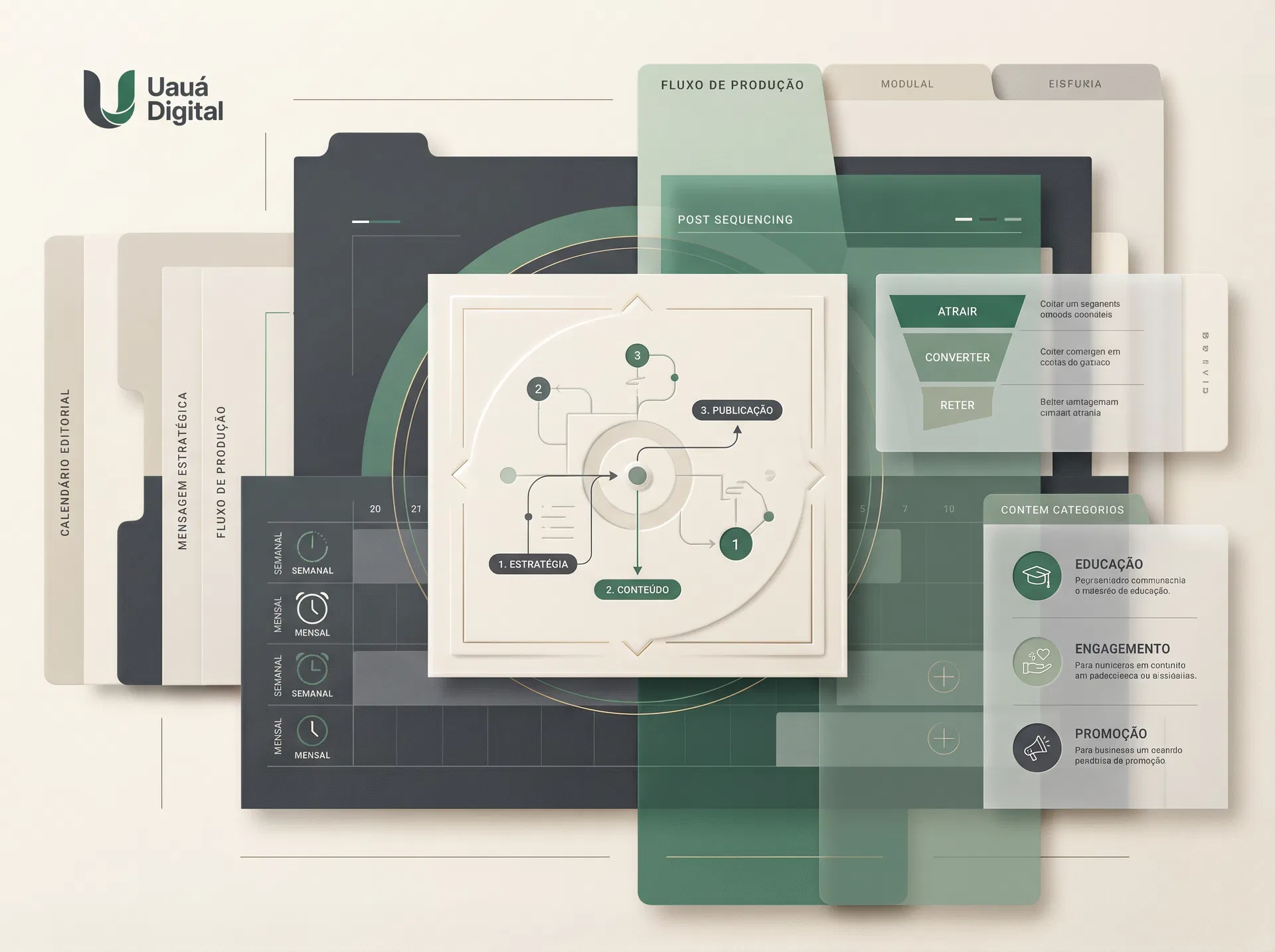 Ilustração editorial-tech do fluxo do calendário e do funil de conteúdo